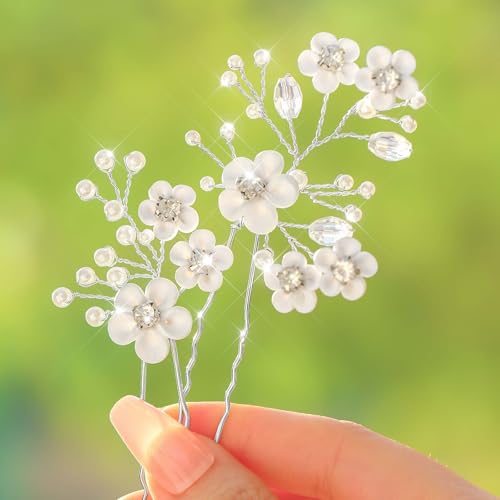Fairvir Brautschmuck Hochzeit Haarnadeln Blume Silber Strass Braut Perle Haarnadel Haarschmuck für Damen und Mädchen (2 Stück) (Silber) von Fairvir