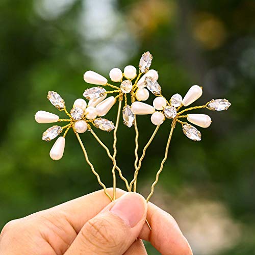 Fairvir Brautschmuck Hochzeit Haarnadeln Silber Kristall Perle Haarspange Strass Blume Braut Haarschmuck für Frauen und Mädchen (3 Stück) (Gold) von Fairvir