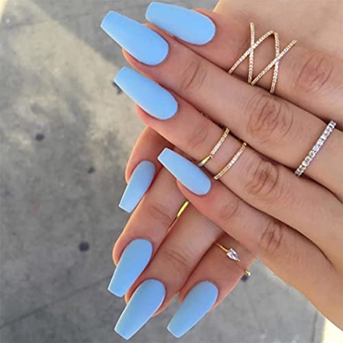 Fairvir Künstliche Fingernägel in Sarg-Optik, blau, matt, vollständige Abdeckung, arzyklische Kunstnägel, für den täglichen Gebrauch, Party, zum Anstecken, für Frauen und Mädchen (24 Stück) von Fairvir