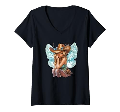 Damen Schöne Fee mit Cowboyhut und magischen Flügeln T-Shirt mit V-Ausschnitt von Fairy Cowboy