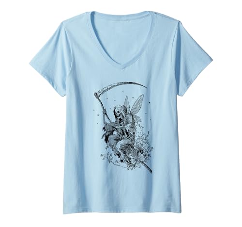 Damen Skeleton Cute Fairy Goth Fairycore Grunge Vintage Graphic T-Shirt mit V-Ausschnitt Damen Skeleton Cute Fairy Goth Fairycore Grunge Vintage Graphic T-Shirt mit V-Ausschnitt von Fairy Grunge Alt Aesthetic Co