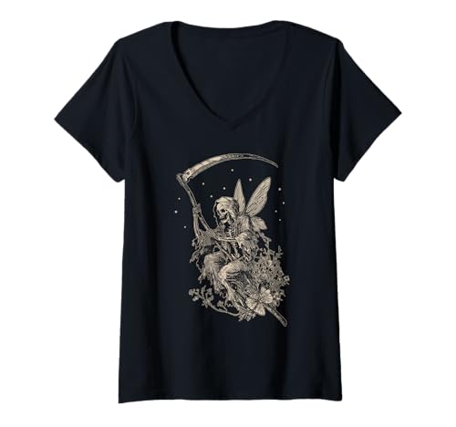 Damen Skeleton Cute Fairy Goth Grunge Fairycore Vintage Graphic T-Shirt mit V-Ausschnitt Damen Skeleton Cute Fairy Goth Grunge Fairycore Vintage Graphic T-Shirt mit V-Ausschnitt von Fairy Grunge Alt Aesthetic Co