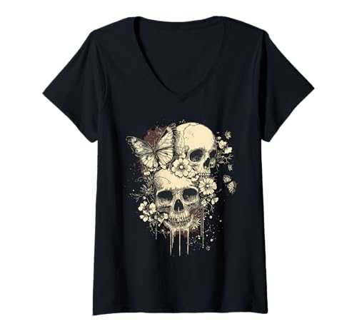 Damen Fairy Grunge Fairycore Y2K Totenköpfe zierliche Schmetterlinge Gothic T-Shirt mit V-Ausschnitt Damen Fairy Grunge Fairycore Y2K Totenköpfe zierliche Schmetterlinge Gothic T-Shirt mit V-Ausschnitt von Fairy Grunge Skulls Y2K Gothic Goth Graphic by GU
