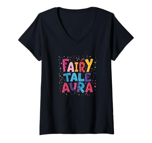 Damen Buntes Märchen-Aura-Statement T-Shirt mit V-Ausschnitt Damen Buntes Märchen-Aura-Statement T-Shirt mit V-Ausschnitt von Fairy Tale Outfit