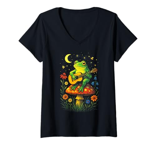Damen Cottagecore Fairycore Goblincore Grunge T-Shirt mit V-Ausschnitt von Fairycore Aesthetic Mushroom Frog Gitarre