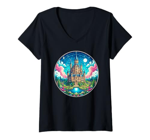 Damen Märchenhaftes Fantasieschloss T-Shirt mit V-Ausschnitt Damen Märchenhaftes Fantasieschloss T-Shirt mit V-Ausschnitt von Fairytale Castle