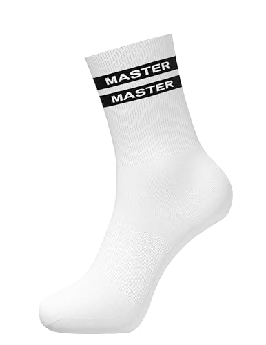 Fairytale Creations MASTER Socken – Unisex Crew Socks mit weißem MASTER Schriftzug | Größe 41–46 | Dominante Fetisch Socken für Männer & Frauen | BDSM & Erotik Accessoire | Statement für den Dom-Look von Fairytale Creations