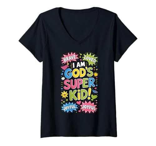 Damen Brave Loved God's Super Kid Christian Faith Affirmation T-Shirt mit V-Ausschnitt Damen Brave Loved God's Super Kid Christian Faith Affirmation T-Shirt mit V-Ausschnitt von Faith Affirmation apparel for Children Tee