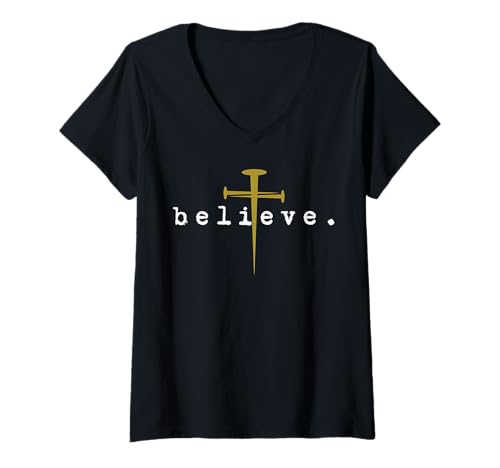 Damen Believe Cross Nail Christian Faith inspirierendes Design T-Shirt mit V-Ausschnitt Damen Believe Cross Nail Christian Faith inspirierendes Design T-Shirt mit V-Ausschnitt von Faith Based Gifts of God