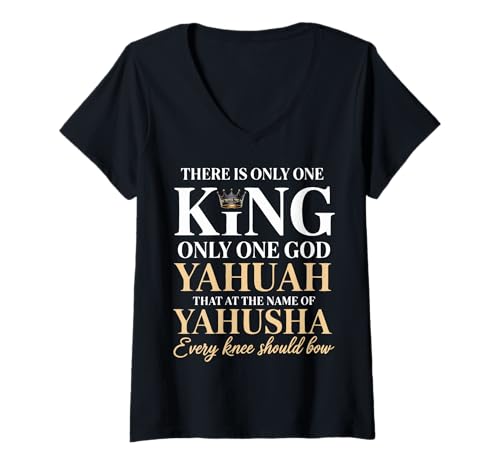 Damen There 's Only One King Yahuah Yahusha Lion of Judah T-Shirt mit V-Ausschnitt Damen There 's Only One King Yahuah Yahusha Lion of Judah T-Shirt mit V-Ausschnitt von Faith Based Hebrew Israelite Scripture Inspired