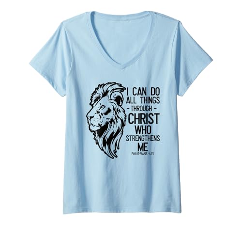 Damen Christlicher Löwe "I Can Do All Things Through Christ" Bibel T-Shirt mit V-Ausschnitt Damen Christlicher Löwe "I Can Do All Things Through Christ" Bibel T-Shirt mit V-Ausschnitt von Faith Driven Apparel Bold Jesus Lion Collection