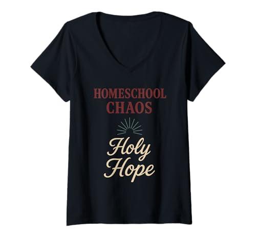 Damen Christliche Homeschool-Mutter erschöpft Chaos Glaube Humor T-Shirt mit V-Ausschnitt von Faith-Filled Funny Homeschool Grace Coffee Jesus