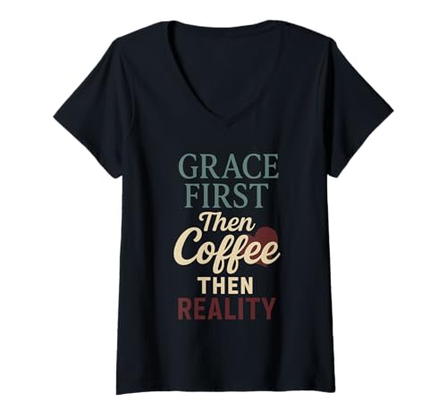 Damen Christliche Homeschool-Mutter erschöpft Chaos Glaube Humor T-Shirt mit V-Ausschnitt von Faith-Filled Funny Homeschool Grace Coffee Jesus
