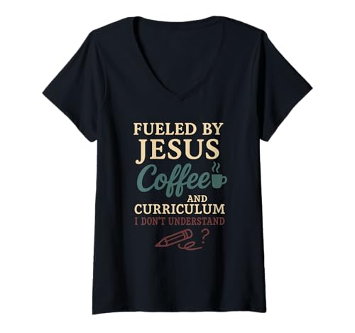 Damen Christliche Homeschool-Mutter erschöpft Chaos Glaube Humor T-Shirt mit V-Ausschnitt von Faith-Filled Funny Homeschool Grace Coffee Jesus