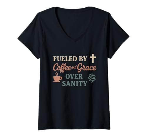 Damen Christliche Homeschool-Mutter erschöpft Chaos Glaube Humor T-Shirt mit V-Ausschnitt von Faith-Filled Funny Homeschool Grace Coffee Jesus
