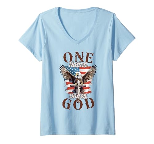 Damen One Nation Under God Adlerkreuz und amerikanische Flagge Männer Frauen T-Shirt mit V-Ausschnitt Damen One Nation Under God Adlerkreuz und amerikanische Flagge Männer Frauen T-Shirt mit V-Ausschnitt von Faith Freedom Bald Eagle Christian Flag Apparel