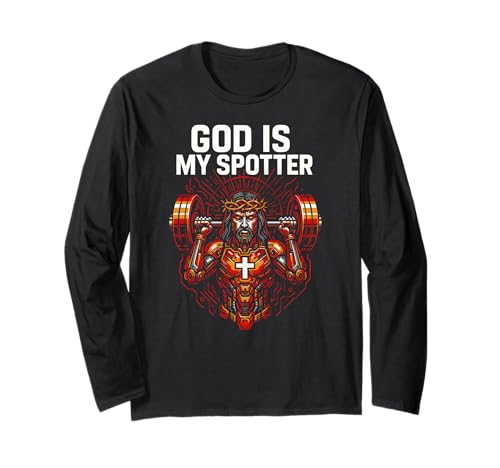 Christian Fitness God is My Spotter Cool Herren Religiös Langarmshirt von Faith Fueled Fitness Christian Bible Apparel
