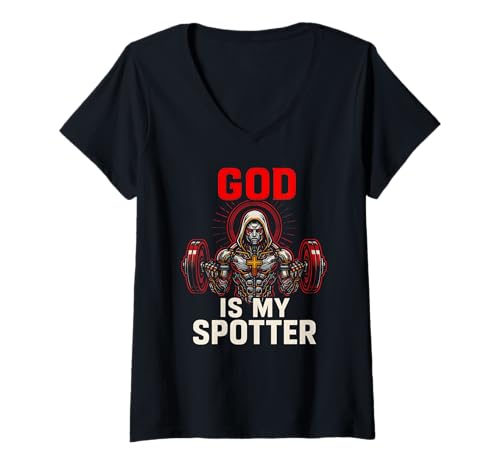 Damen Christian Fitness God is My Spotter Cool Herren Religiös T-Shirt mit V-Ausschnitt von Faith Fueled Fitness Christian Bible Apparel