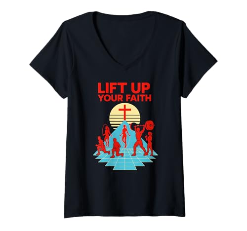 Damen Gewichtheben Lift Up Your Faith Retro Religiös Christian T-Shirt mit V-Ausschnitt von Faith Fueled Fitness Christian Bible Apparel