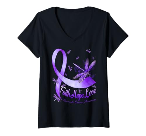 Damen Faith Hope Love Pancreatic Cancer Awareness Libelle T-Shirt mit V-Ausschnitt Damen Faith Hope Love Pancreatic Cancer Awareness Libelle T-Shirt mit V-Ausschnitt von Faith Hope Love Pancreatic Cancer Awareness