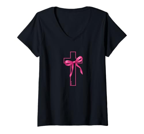 Damen Rosa Schleife Kreuz Brustkrebs Bewusstsein Christian T-Shirt mit V-Ausschnitt von Faith Hope Ribbon Cross Designs