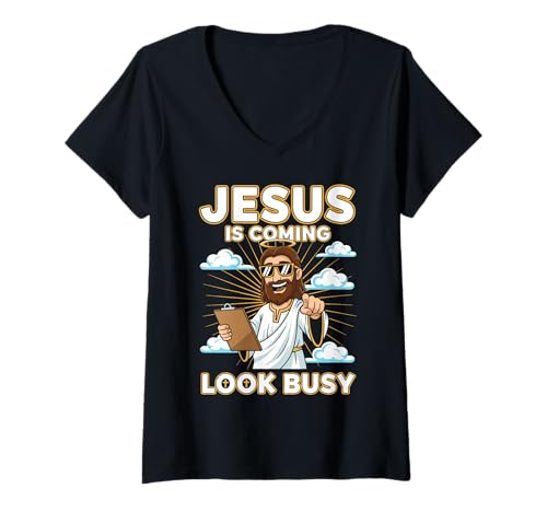 Damen Jesus is Coming Look Busy Lustiger christlicher Spruch T-Shirt mit V-Ausschnitt Damen Jesus is Coming Look Busy Lustiger christlicher Spruch T-Shirt mit V-Ausschnitt von Faith Humor Design Co.