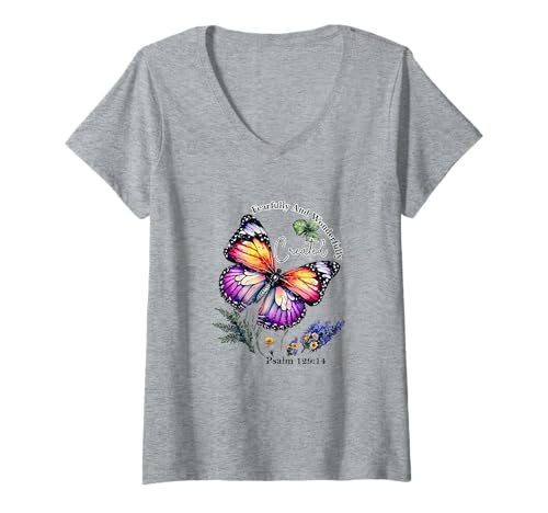 Damen Christlicher Vers Schmetterling Fearfully Wonderfully T-Shirt mit V-Ausschnitt Damen Christlicher Vers Schmetterling Fearfully Wonderfully T-Shirt mit V-Ausschnitt von Faith Inspired Creations