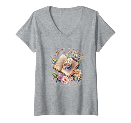 Damen Bücher Kaffee Christian Faith I Love Jesus T-Shirt mit V-Ausschnitt Damen Bücher Kaffee Christian Faith I Love Jesus T-Shirt mit V-Ausschnitt von Faith Inspired Designs