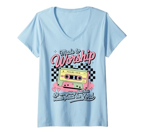 Damen Retro Anbetung Kassette Psalm 150:6 Christian Lob Musik T-Shirt mit V-Ausschnitt Damen Retro Anbetung Kassette Psalm 150:6 Christian Lob Musik T-Shirt mit V-Ausschnitt von Faith Music Worship Bible Verse Tee Apparel
