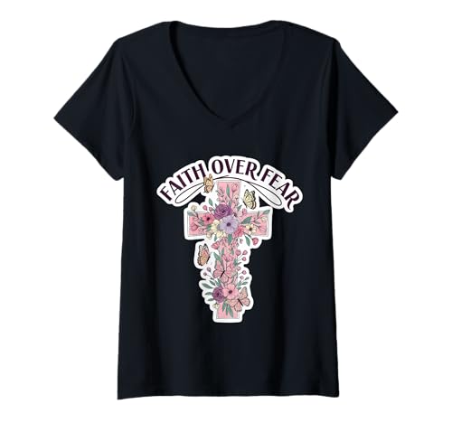 Damen Faith Over Fear Christliche Blumen, Kreuz, Schmetterlinge T-Shirt mit V-Ausschnitt Damen Faith Over Fear Christliche Blumen, Kreuz, Schmetterlinge T-Shirt mit V-Ausschnitt von Faith Over Fear Floral Christian Flowers Products