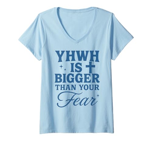 Damen YHWH is Bigger Than Fear Hebräische christliche Botschaft T-Shirt mit V-Ausschnitt Damen YHWH is Bigger Than Fear Hebräische christliche Botschaft T-Shirt mit V-Ausschnitt von Faith Over Fear Shirts for Women and Men
