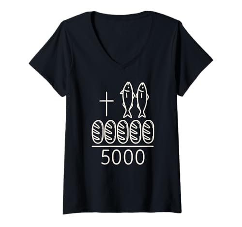 Damen 2 Fische 5 Brote Jesus Kreuz 5000 Wunder Christian T-Shirt mit V-Ausschnitt von Faith Scripture Bible Verse Loaves and Fishes