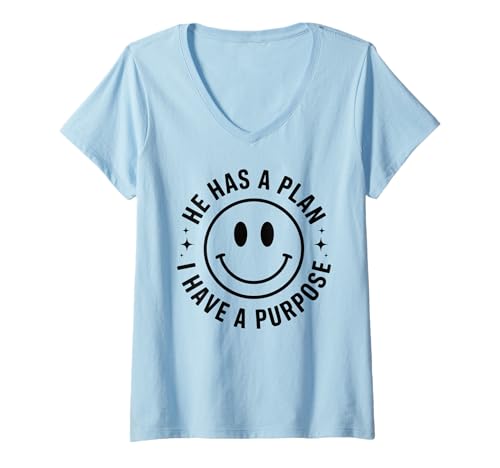 Damen Inspirierendes lächelndes Gesicht He Has a Plan I Have a Purpose T-Shirt mit V-Ausschnitt Damen Inspirierendes lächelndes Gesicht He Has a Plan I Have a Purpose T-Shirt mit V-Ausschnitt von Faith Smile Face Positive Purpose Apparel Co.