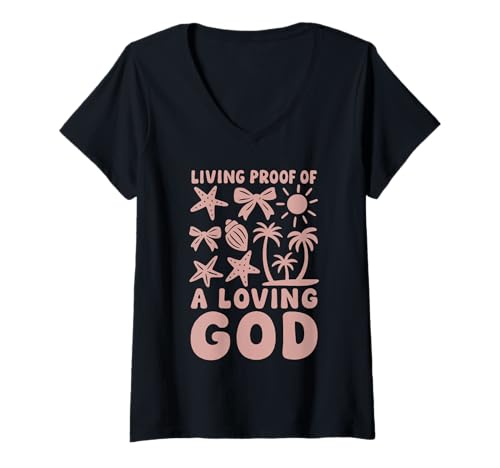 Damen Christlicher lebender Beweis für einen liebenden Gott Beach Summer T-Shirt mit V-Ausschnitt von Faith Summer Vintage Apparel for Believers