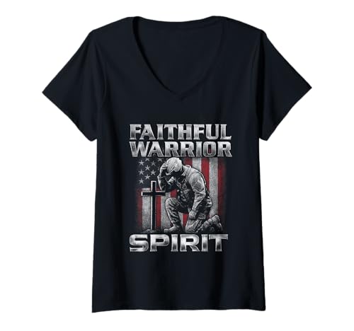Damen Patriotisches christliches Beliver Veteran Amerikanische Flagge Kreuz T-Shirt mit V-Ausschnitt von Faith Warrior Spirit Christian Patriot Wear