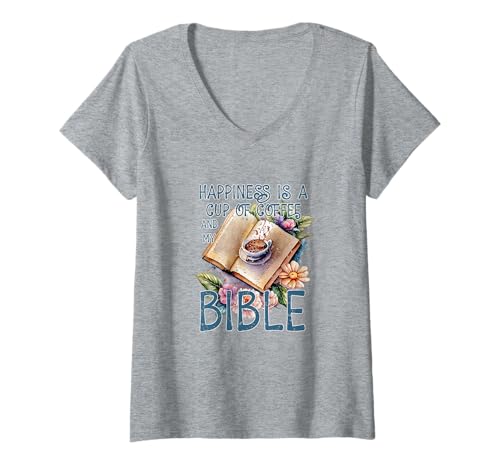 Damen Glück ist Bibel und Kaffee — Heilige Schrift ist christlich T-Shirt mit V-Ausschnitt Damen Glück ist Bibel und Kaffee — Heilige Schrift ist christlich T-Shirt mit V-Ausschnitt von Faith and Coffee Designs
