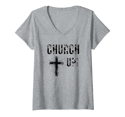 Damen Church Up! Typografie und abgenutztes Kreuz, christliches Design T-Shirt mit V-Ausschnitt Damen Church Up! Typografie und abgenutztes Kreuz, christliches Design T-Shirt mit V-Ausschnitt von Faith and Freedom Apparel