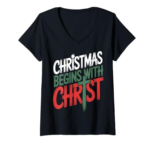 Damen Weihnachten beginnt mit Christ Christian T-Shirt mit V-Ausschnitt Damen Weihnachten beginnt mit Christ Christian T-Shirt mit V-Ausschnitt von Faith & Christmas Apparel