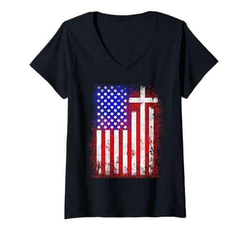 Damen Patriotischer christlicher Glaube Liebe Jesus Used-Look Flagge Kreuz T-Shirt mit V-Ausschnitt Damen Patriotischer christlicher Glaube Liebe Jesus Used-Look Flagge Kreuz T-Shirt mit V-Ausschnitt von Faith & Freedom Apparel Co.