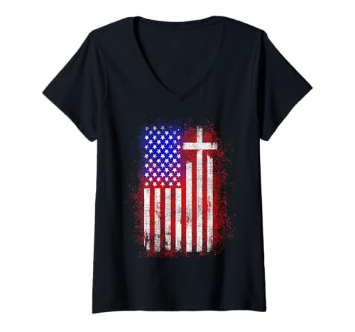 Damen Patriotischer christlicher Glaube Liebe Jesus Used-Look Flagge Kreuz T-Shirt mit V-Ausschnitt Damen Patriotischer christlicher Glaube Liebe Jesus Used-Look Flagge Kreuz T-Shirt mit V-Ausschnitt von Faith & Freedom Apparel Co.