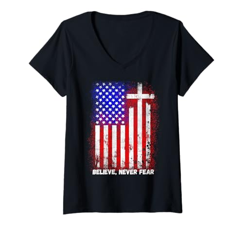 Damen Patriotischer christlicher Glaube Liebe Jesus Used-Look Flagge Kreuz T-Shirt mit V-Ausschnitt Damen Patriotischer christlicher Glaube Liebe Jesus Used-Look Flagge Kreuz T-Shirt mit V-Ausschnitt von Faith & Freedom Apparel Co.