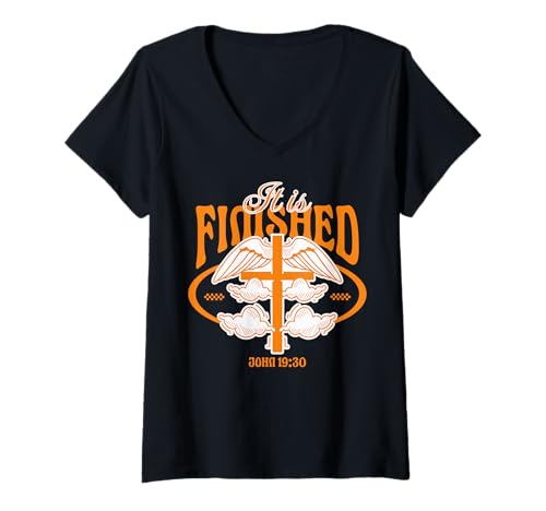 Damen It is Finished - Christlicher Bibelvers Faith T-Shirt mit V-Ausschnitt Damen It is Finished - Christlicher Bibelvers Faith T-Shirt mit V-Ausschnitt von Faith & Light Clothing