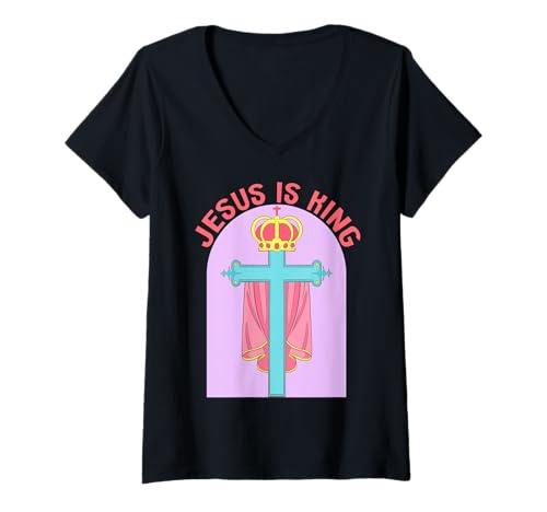 Damen Jesus is King – Christlicher Bibelvers Glaube T-Shirt mit V-Ausschnitt Damen Jesus is King – Christlicher Bibelvers Glaube T-Shirt mit V-Ausschnitt von Faith & Light Clothing