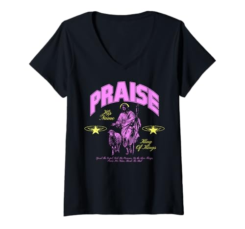 Damen Lob His Name - Christlicher Bibelvers Glaube T-Shirt mit V-Ausschnitt Damen Lob His Name - Christlicher Bibelvers Glaube T-Shirt mit V-Ausschnitt von Faith & Light Clothing