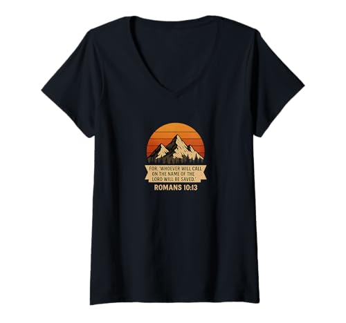 Damen Romans 10:13 Christian Mountain Sunset Bibelvers T-Shirt T-Shirt mit V-Ausschnitt Damen Romans 10:13 Christian Mountain Sunset Bibelvers T-Shirt T-Shirt mit V-Ausschnitt von Faith & Mountains Apparel