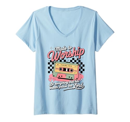 Damen Made to Worship Retro Kassette Psalm 150 Christian Art T-Shirt mit V-Ausschnitt Damen Made to Worship Retro Kassette Psalm 150 Christian Art T-Shirt mit V-Ausschnitt von Faith & Praise Apparel