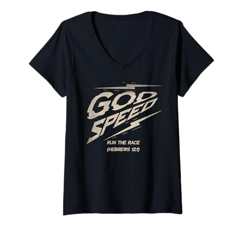 Damen God-Speed Run The Race, Hebräer 12:1 Christliches Bibelvers T-Shirt mit V-Ausschnitt Damen God-Speed Run The Race, Hebräer 12:1 Christliches Bibelvers T-Shirt mit V-Ausschnitt von Faith & Scripture Apparel