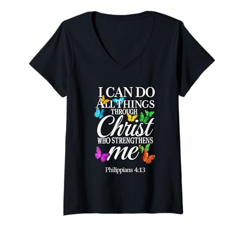 Damen Christliche Bibel Schmetterling Vers I Religious Faith & Strength T-Shirt mit V-Ausschnitt Damen Christliche Bibel Schmetterling Vers I Religious Faith & Strength T-Shirt mit V-Ausschnitt von Faith & Strength Apparel Bibel Verse Motivation