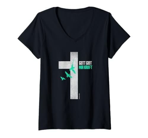 Damen Gott gibt Mir Kraft, Kreuz, Glaube & Stärke, Christliches T-Shirt mit V-Ausschnitt von Faith & Strength Apparel