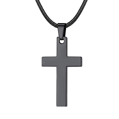 Edelstahl Kreuz Kette Herren Schwarz mit Leder Kette Länge von 55 bis 66cm von FaithHeart